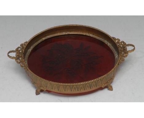 A French Palais Royale type gilt metal mounted ruby glass tray, ribbon-tied laurel wreath handles, the field intaglio etched 