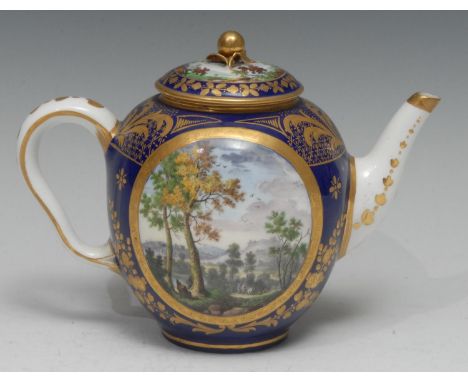A Sèvres teapot (théière Calabre), probably painted by Edmé-François Bouillat, with rural landscapes on a gros bleu ground pi