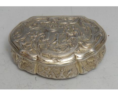 An 18th century Continental silver shaped serpentine snuff box, chased in the Rococo taste with Arcadian vignettes, traces of