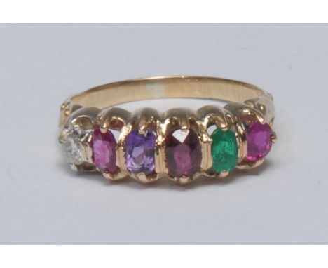 A multi gem regard ring, linear set with mixed cut oval gemstones, ruby, emerald, garnet, amethyst, ruby and diamond, unmarke