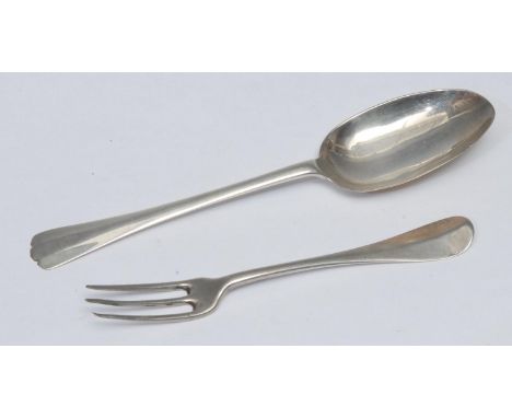 A George I silver Hanoverian pattern three-prong fork, 15cm long, maker's mark IC only,15cm long, c.1720;   George I silver s