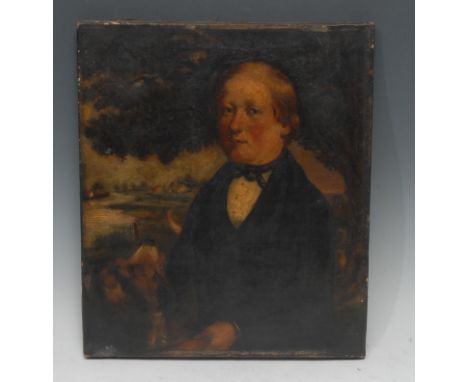 English School (19th century)Portrait of a Gentleman with a Dog, in a Landscapeoil on canvas, 35.5cm x 30.5cm 