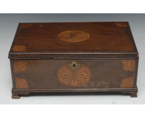 A 19th century Italian mahogany and marquetry rectangular table box, inlaid with reserves of leafy scrolls, engraved brass es