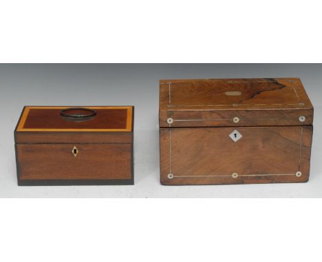 A George III mahogany rectangular tea caddy, hinged crossbanded with Old Sheffield Plate handle, enclosing a pair of lidded c