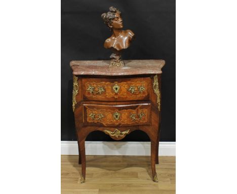 A small 19th century French gilt metal mounted rosewood, kingwood and marquetry, bombe shaped commode, in the Louis XV taste,