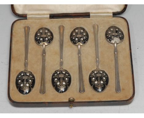 A set of six George VI silver and noir enamel coffee spoons, each bowl decorated to verso with scrolls, Levi &amp; Salaman, B