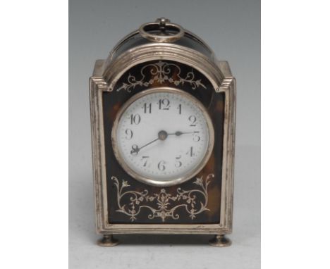 A George V silver, tortoiseshell and pique arched rectangular carriage timepiece, in the George III Revival taste, 5cm circul