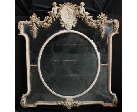 A large 19th century painted and gesso five-plate looking glass, the bevelled mirror frame crested by a ribbon-tied profile p