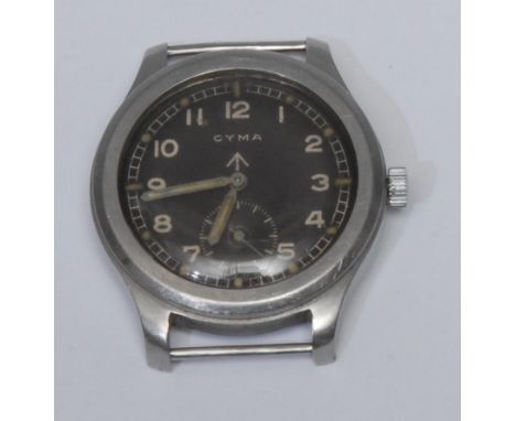 Cyma- A World War II period British Military issue stainless steel gentleman's wristwatch, circular black dial, Military issu