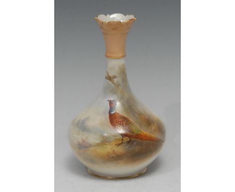 A Royal Worcester compressed ovoid vase, painted by James Stinton, signed, with a pheasant, another taking flight, shaped rim