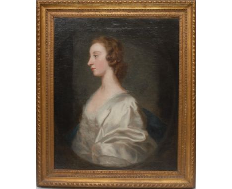 Circle of Allan Ramsay Portrait of a Lady, half-length and in profile to dexter, her ears jewelled with pearls, wearing a whi