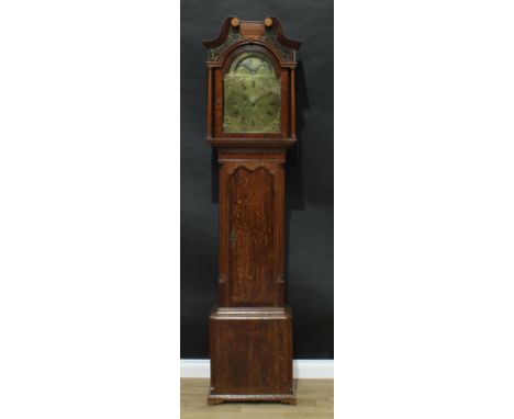 A George III longcase clock, 33cm arched brass dial inscribed William Kirk, Stockport, rolling moon phase to arch, Roman and 