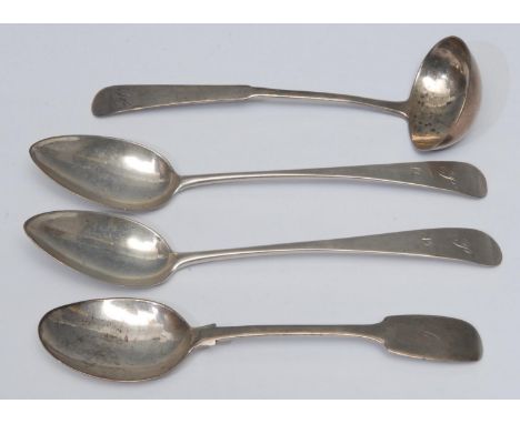 Scottish Provincial Silver - an Oar pattern toddy or sauce ladle, 16cm long, James Erskine, Aberdeen c.1810; a Fiddle pattern