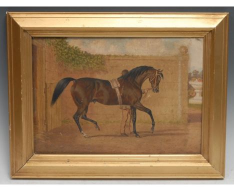 T. Temple (Equestrian Artist, fl. 1863-1871) Equine Portrait, A Brown Horse Being Lead from the Stable signed and dated 1878,