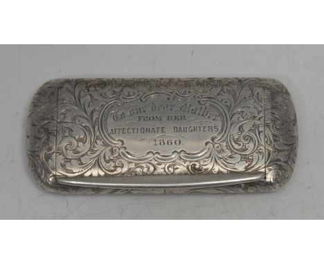 A Victorian silver rounded rectangular snuff box, engraved overall with scrolling foliage, flush-hinged cover, gilt interior,
