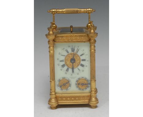 A 19th century gilt brass repeater calendar carriage clock, 5.5cm rectanbgular porcelain dial inscribed Thurlow, Ryde, Roman 
