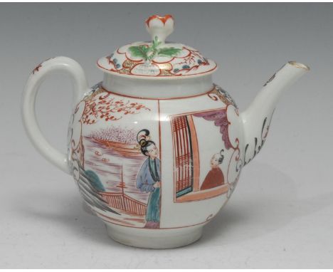 A small Worcester globular teapot and cover, painted with traditional Chinoiserie tableaux of robed figures and stylized land
