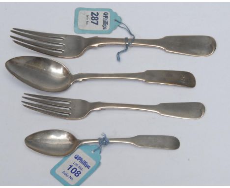 Scottish Provincial Silver - Elgin - a Fiddle pattern table fork, John Seller, c.1835; a dessert fork, dessert spoon and teas