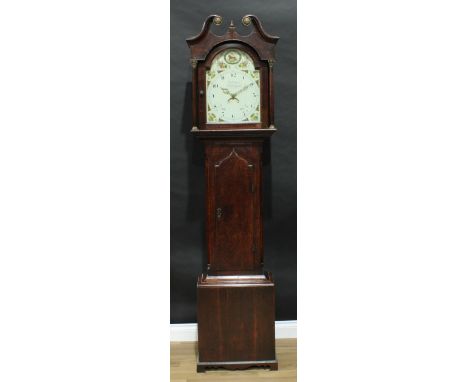 A William IV oak longcase clock, 29.5cm arched painted dial inscribed T&amp;J Hallam Nottingham, the arch painted with a lion