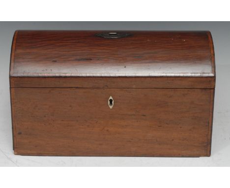 A George III partridge wood domed rectangular tea caddy, hinged cover enclosing a bowl aperture and two compartments, satinwo