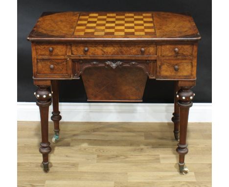 A Victorian walnut rectangular combination games and work table, slightly oversailing rectangular top parquetry inlaid for ch