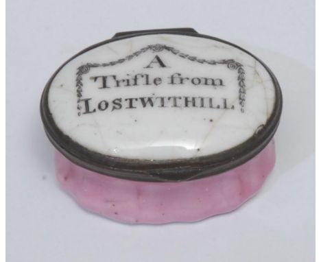 A George III South Staffordshire enamel oval parch box, hinged cover printed A Trifle from Lostwithiel, within Neo-Classical 