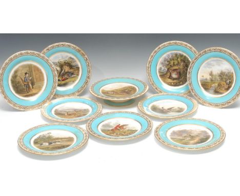 A Kerr and Binns Worcester ten-piece dessert service, comprising one comport and nine circular plates, the centre of each pai