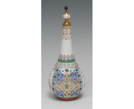 A late Chamberlains/Kerr &amp; Binns Worcester reticulated globular scent bottle, painted with reserves of ho-ho birds in pol