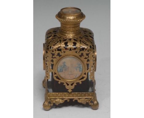 A 19th century French Palais-Royal gilt-metal mounted ruby glass square scent bottle, the chased scrolling cage work enclosin