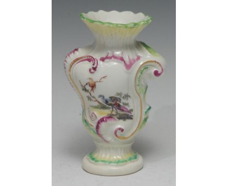 A Derby Patch Mark asymmetrical rococo vase, painted by the Cotton Stem  painter, with fanciful birds to front and naturalist