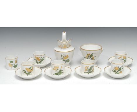 A Paris Empire porcelain six-setting coffee service, comprising six cans and saucers, an open sucrier and a cream jug, a spar