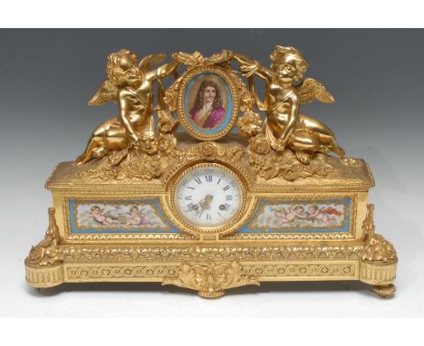 A large 19th century French porcelain mounted gilt mantel clock, 9cm convex enamel dial inscribed with Roman and subsidiary A