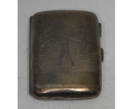 Golf - an Edwardian silver rounded rectangular cigarette case, hinged cover engraved with a golfer taking a swing, his caddy 