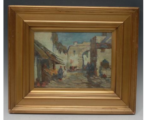 R Pasquall Robinson (early 20th century)A Moorish Bazzaroil on canvas board, 19cm x 26cmPaper label to verso for The West End