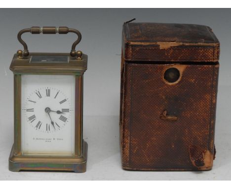 A late 19th century French gilt brass carriage clock, the 5.5cm rectangular enamel dial inscribed Z Baraclough &amp; Sons, Pa