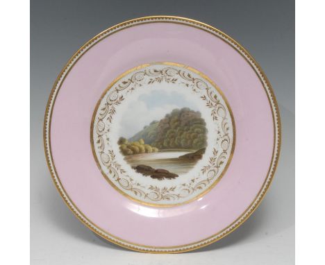 A Flight, Barr &amp; Barr Worcester Named-View circular dessert plate, River Esk, Scotland, the landscape in a gilt reserve o