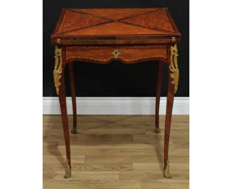 A 19th century French gilt metal mounted rosewood crossbanded kingwood, parquetry and marquetry envelope card table, square t