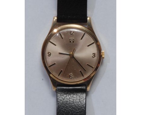 Tissot - a vintage 1960s 9ct gold cased gentleman's wristwatch, brushed silvered dial, quartered Arabic numerals and block ba