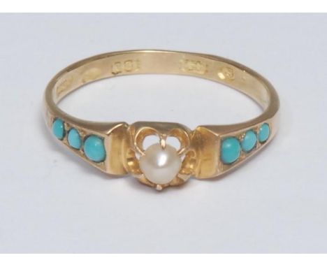 A seed pearl and turquoise ring, single mabe seed pearl floral claw set between tapering turquoise cabochon inset shoulders, 