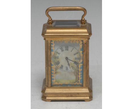 A French porcelain mounted lacquered brass miniature carriage timepice, 3cm rectangular clock dial with Roman numerals, key-w
