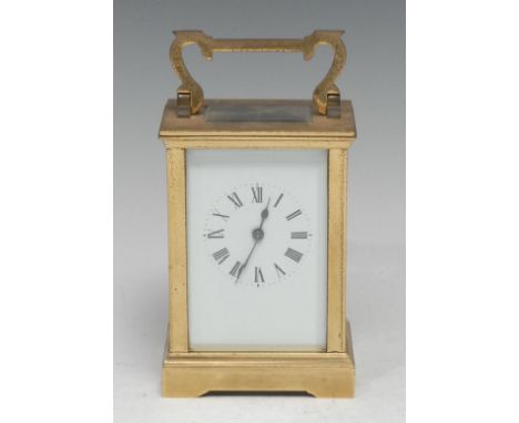 A French lacquered brass carriage timepiece, 5.5cm rectangular enamel dial inscribed with Roman numerals, fourteen day moveme