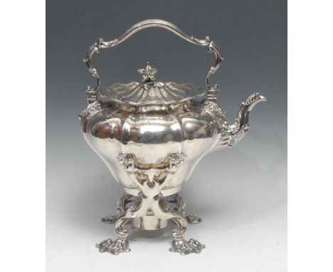 Paul Storr - a substantial William IV Rococo Revival silver melon shaped tea kettle on stand, hinged cover with flower finial