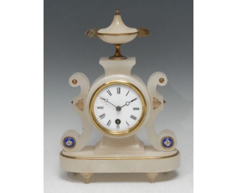 A 19th century Grecian Revival enamel-mounted alabaster mantel clock, 8cm circular dial inscribed with Roman numerals, single