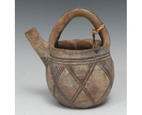 A Chinese terracotta vessel, painted in earth pigments with geometric motifs, arched loop handle, upright spout, 18cm high, Y