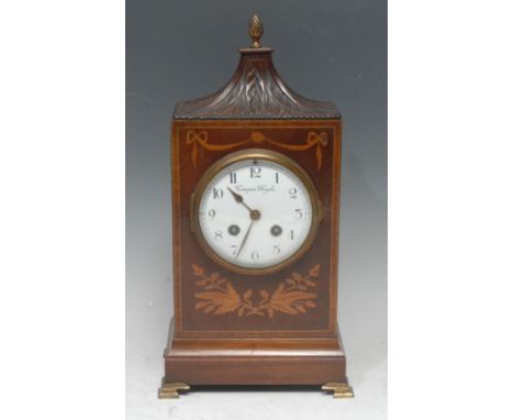 A George III Revival mahogany and satinwood marquetry mantel clock, 10cm slightly convex white enamel dial inscribed with Ovi