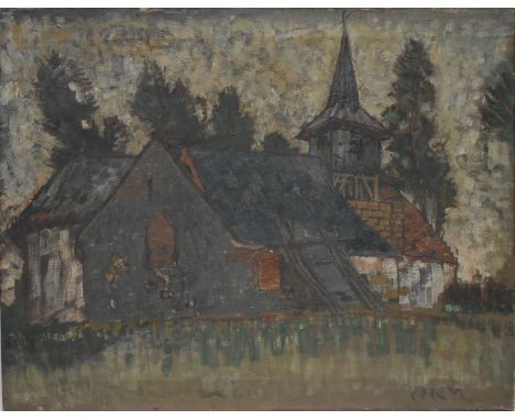 Archibald Eliot Haswell Miller (Scottish 1887 - 1979) Abstract Churchsigned with initials, Glasgow School of Art label to ver