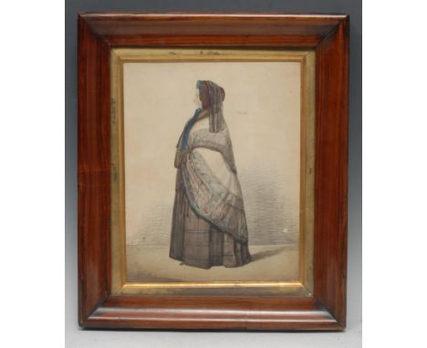 English School (mid-19th century)Portrait of a Lady, full-length and in profile, wearing a lace-covered bonnet, shawl and tar