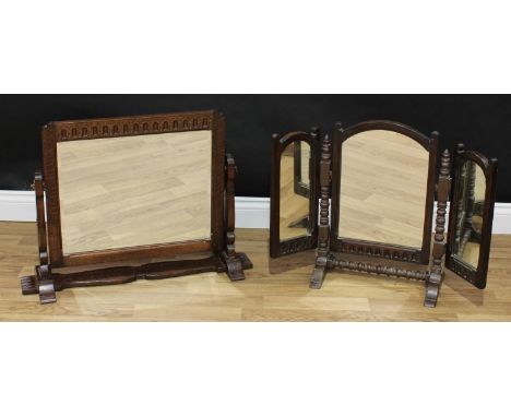 Frank Pratt of Derby - a 17th century design oak dressing mirror, nulled frame, vasular end supports, 56cm high, 77cm wide; a