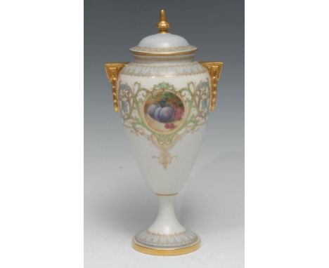 A Royal Worcester pedestal vase and cover, painted by Horace Price, signed, with a reserve of ripe plums and raspberries, wit