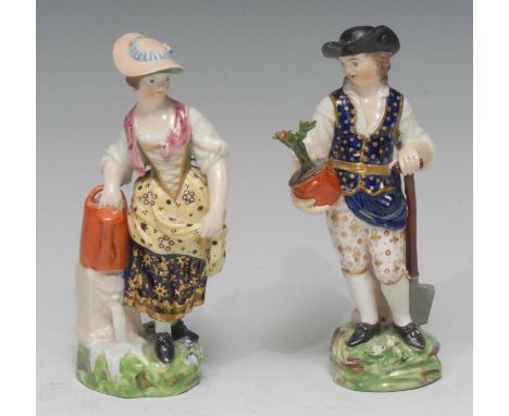 A pair of  Derby figures, Gardener and Companion,  she stands her right arm on a watering can, he with plant pot and leaning 